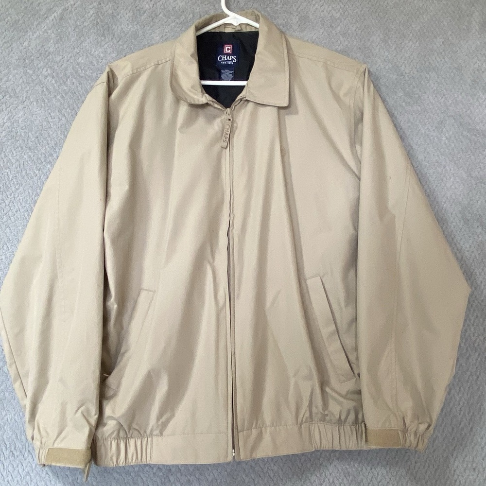 Chaps Jacket Mens L Large Beige Microfiber Windbreaker Full Zip Lined Classic